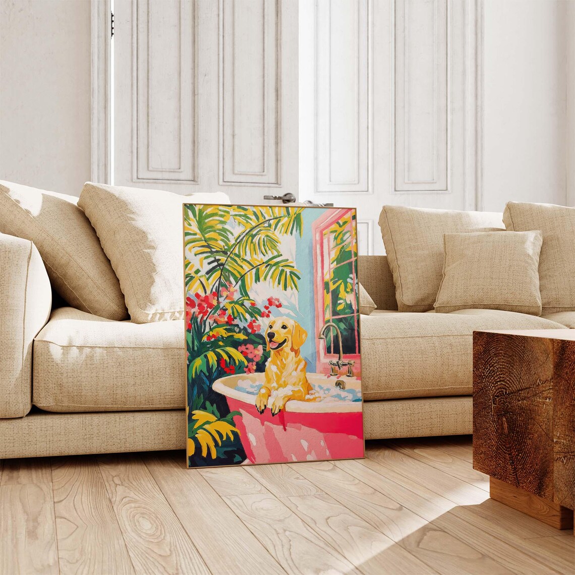 Happy Labrador In Pink Tropical Bathtub With Palm Leaves Poster - Image 3