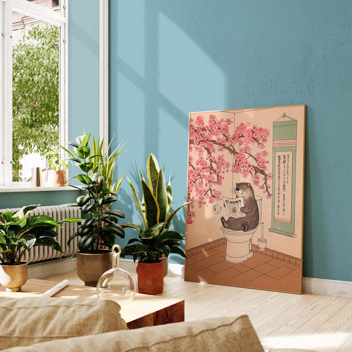 Otter Reading Newspaper On Toilet With Cherry Blossom Japan Poster - Image 2