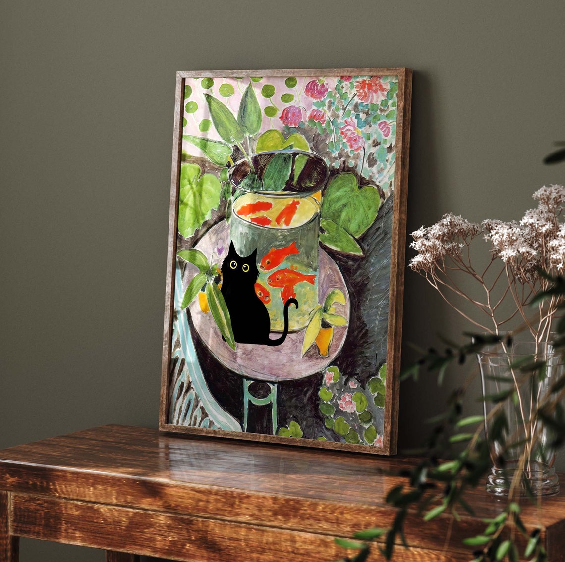 Black Cat Beside A Goldfish Bowl In A Lush Floral Garden Poster - Image 3