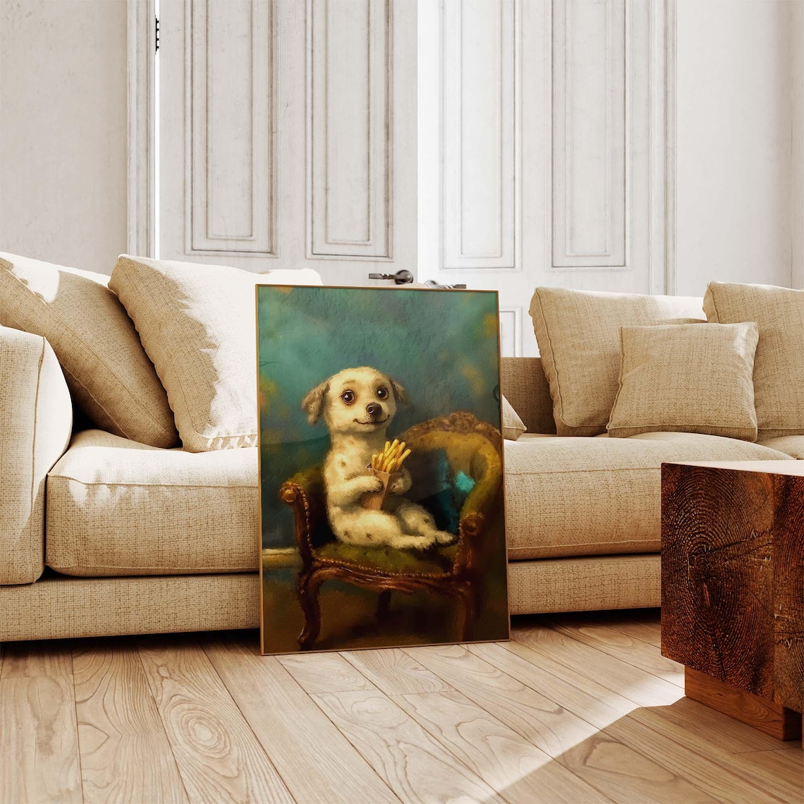 White Puppy Holding French Fries On A Vintage Chair Art Poster - Image 4