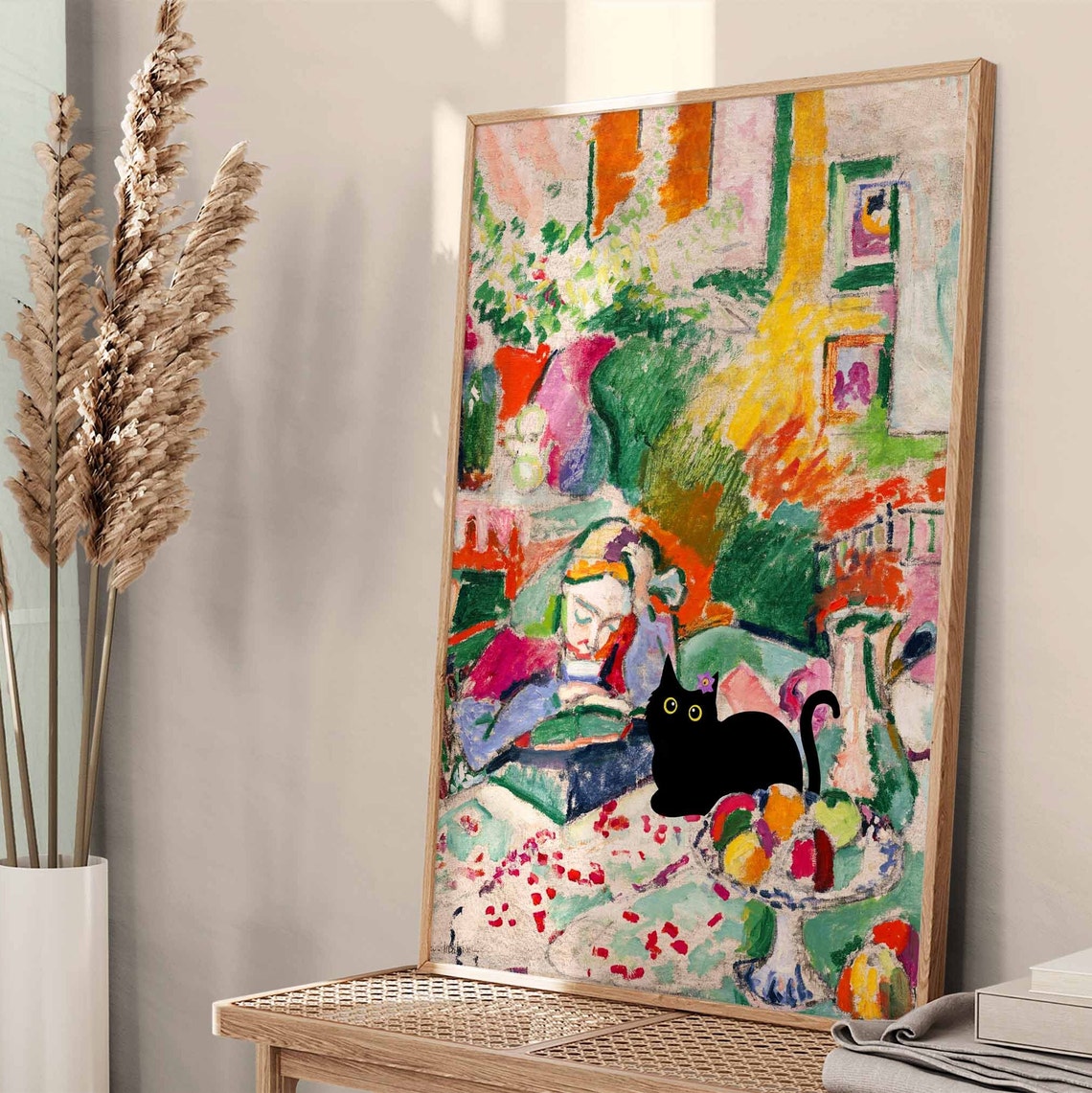 Black Cat in Matisse Fauvist Interior With Reading Woman Poster - Image 2