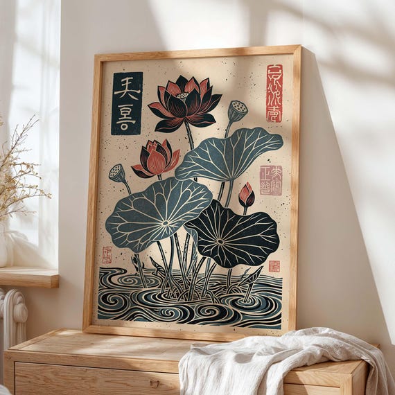 Japanese Lotus Wall Art Print Vintage Botanical Poster Asian Water Lily Decor Zen Japandi Floral Artwork