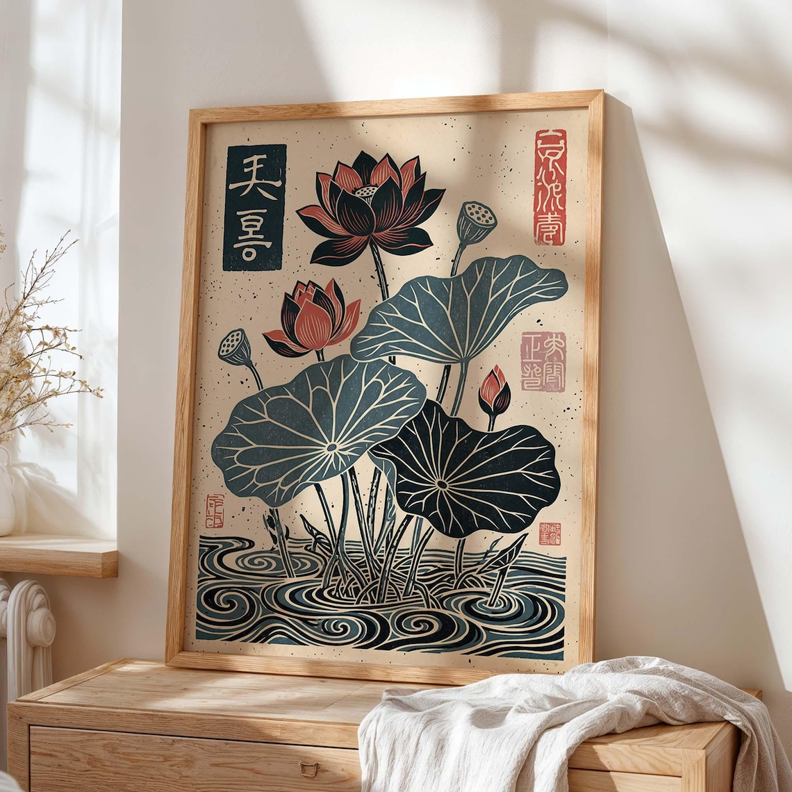 Japanese Lotus Woodblock Vintage Botanical Ink Water Lily Pond Art Poster