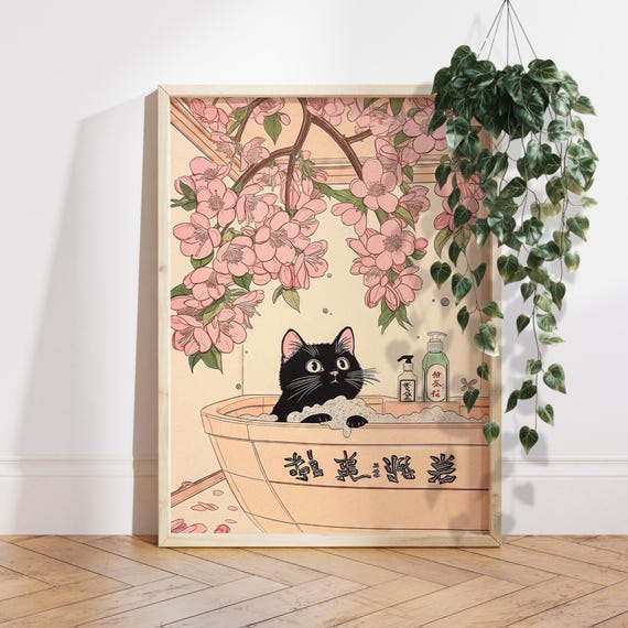 Black Cat in Bathtub, Japanese Bathroom Decor Print