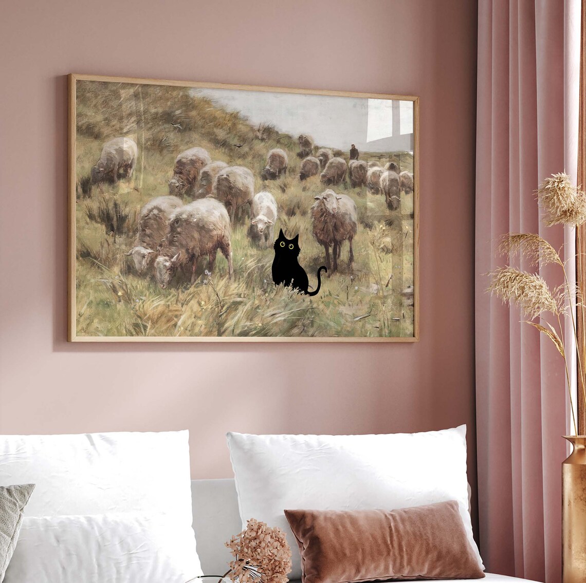Black Cat Standing Among Sheep In Pastoral Countryside Painting Poster - Image 2