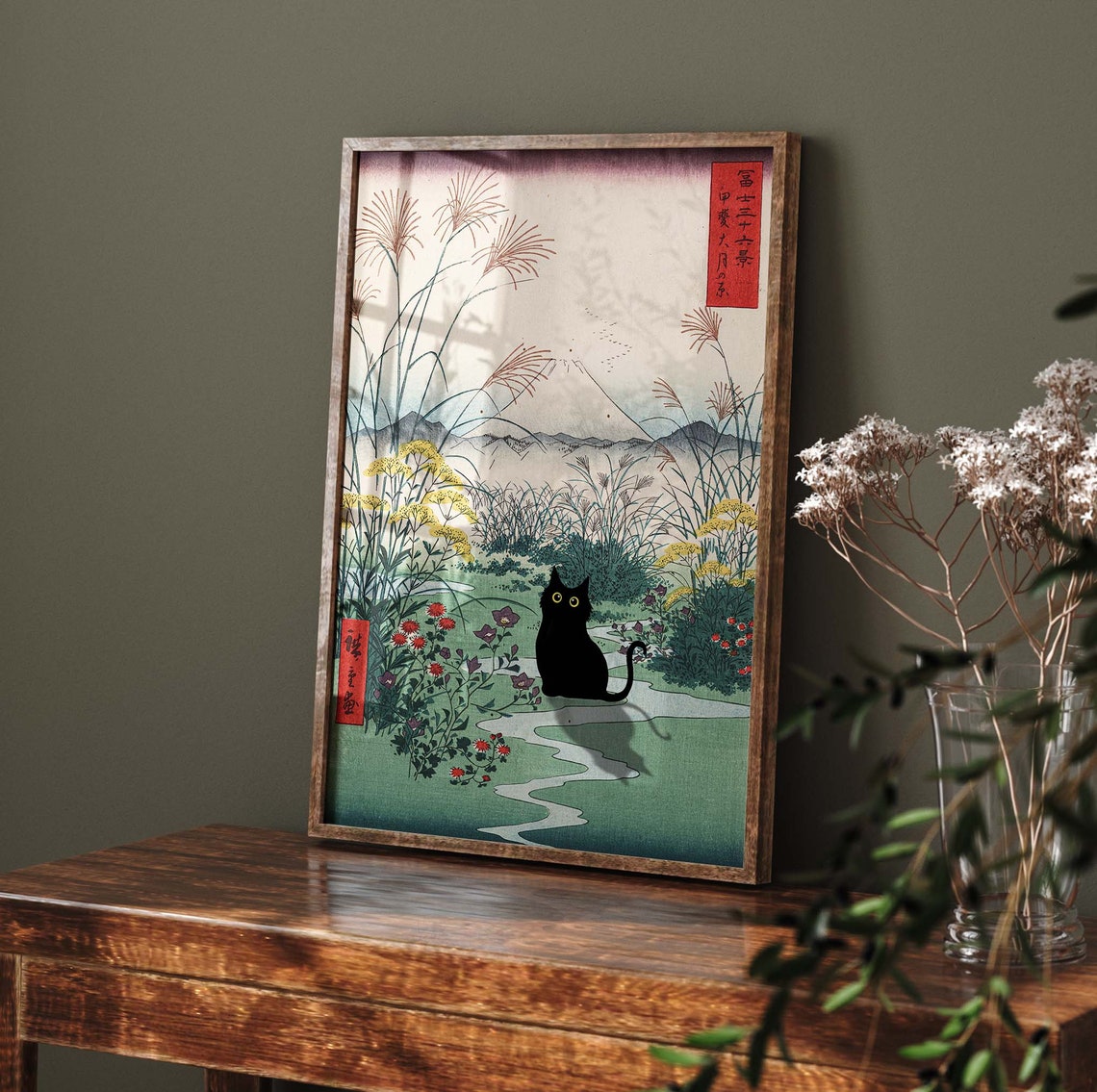Black Cat On Mountain Path With Mount Fuji Japanese Woodblock Poster - Image 3