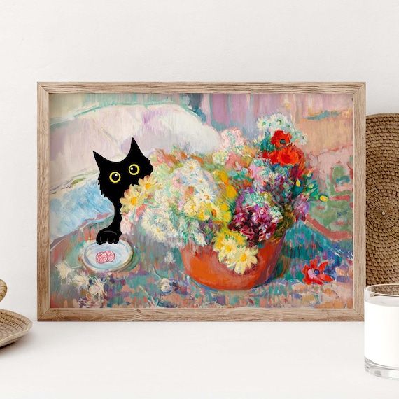 Black Cat with Colorful Floral Still Life Impressionist Art Poster