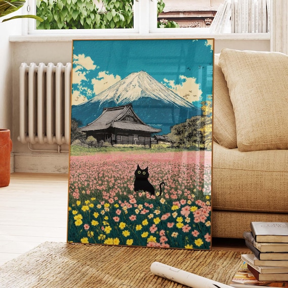 Black Cat In A Flower Field Beneath Mount Fuji Temple Poster