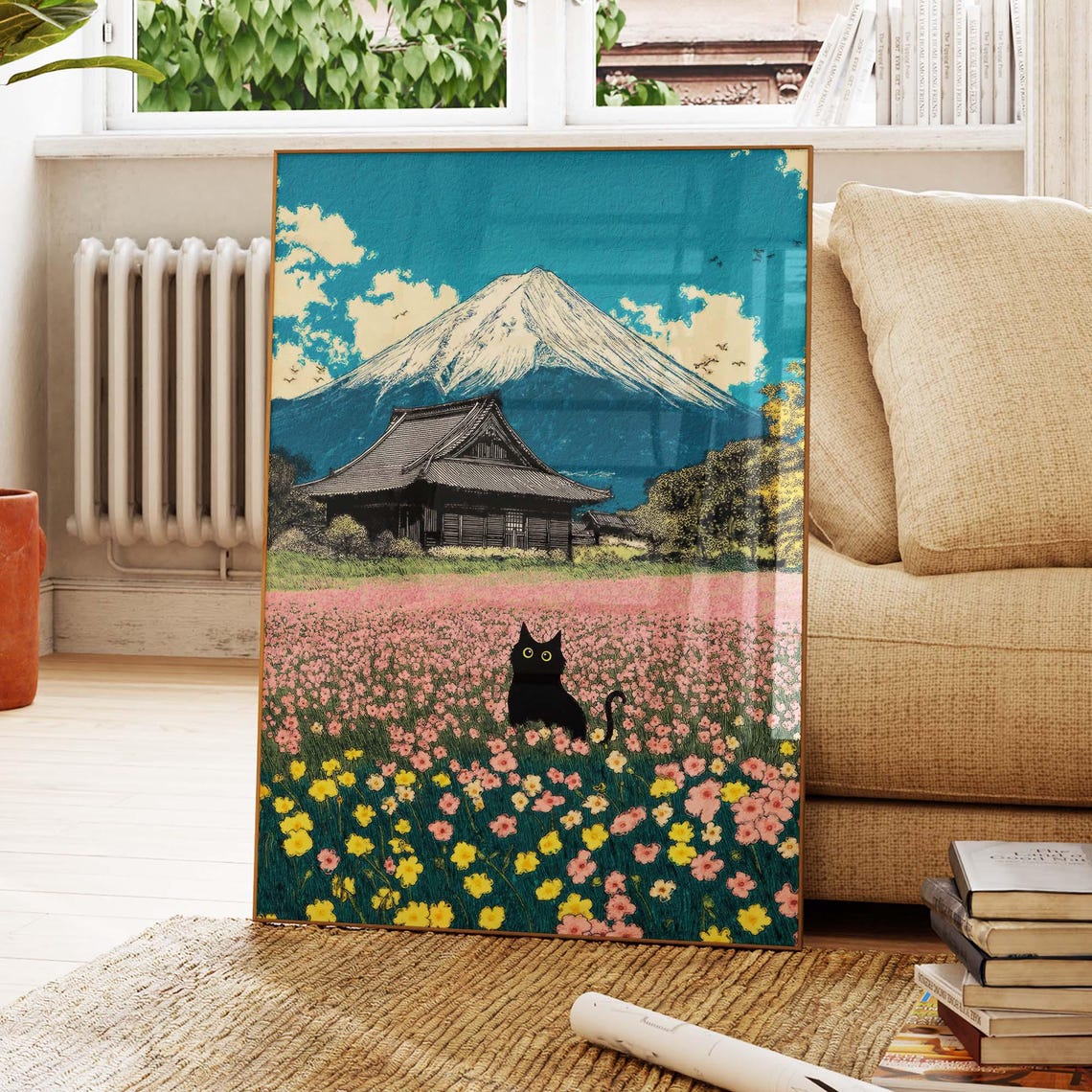 Black Cat In A Flower Field Beneath Mount Fuji Temple Poster