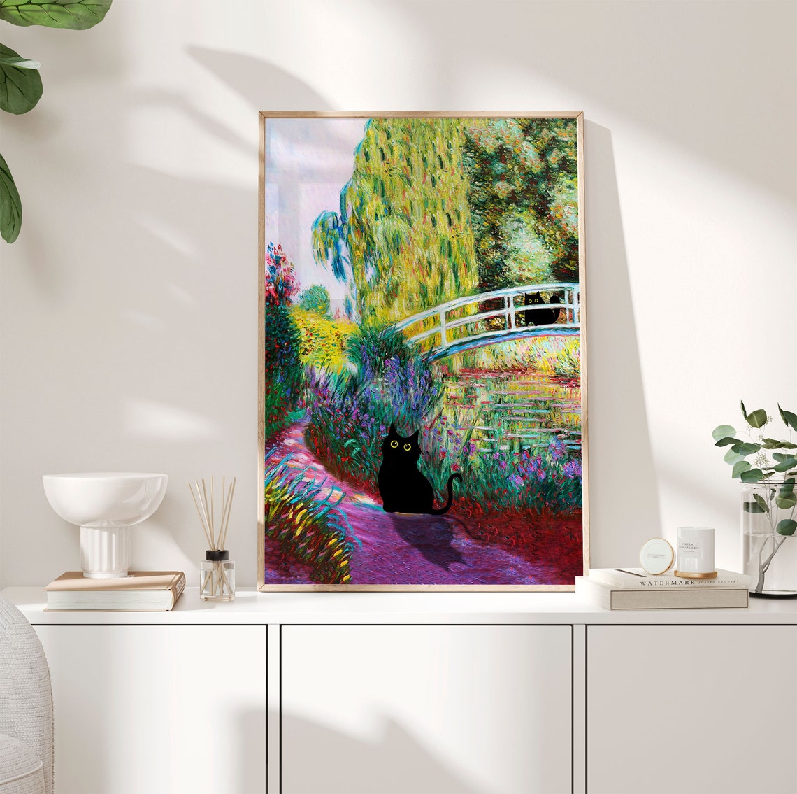 Two Black Cats At A Japanese Bridge In An Impressionist Garden Poster - Image 3