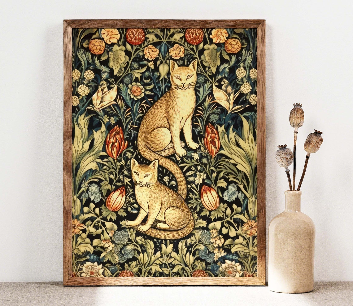 William Morris Inspired Poster Cats And Flowers Print Morris Art Art Nouveau Floral Print Botanical Vintage Art Nouveau Poster Ps0394