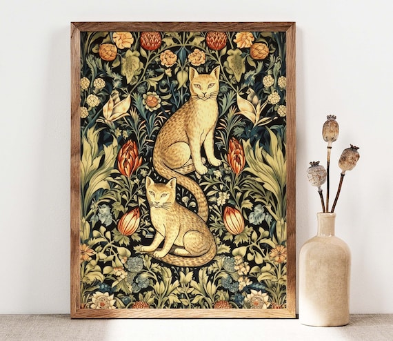 Two Tabby Cats In A William Morris Style Floral Tapestry Poster
