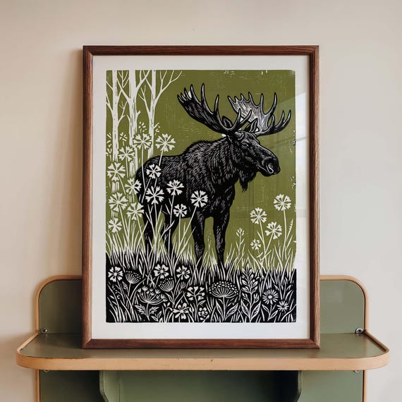 Moose Wall Art Print Woodland Linocut Poster Olive Green Wildlife Decor Folk Nature Block