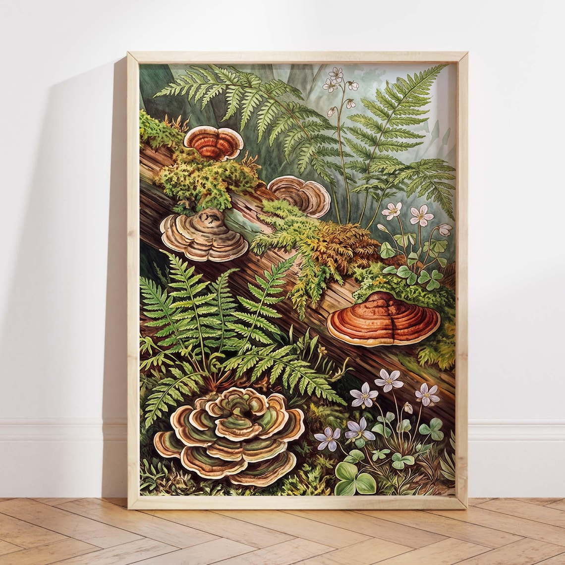 Woodland Botanical Art Print, Mossy Log Fungi Ferns