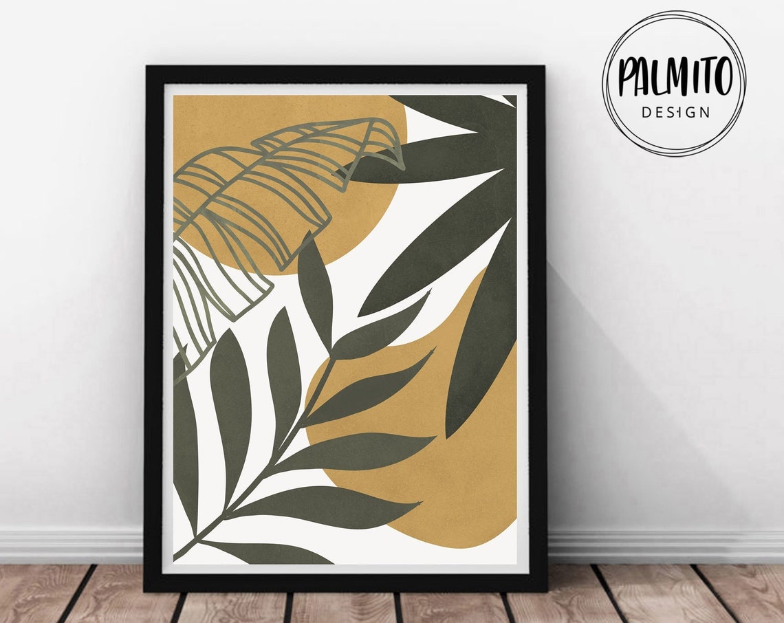 Boho Abstract Botanical Olive Green Mustard Sun Mid Century Art Poster