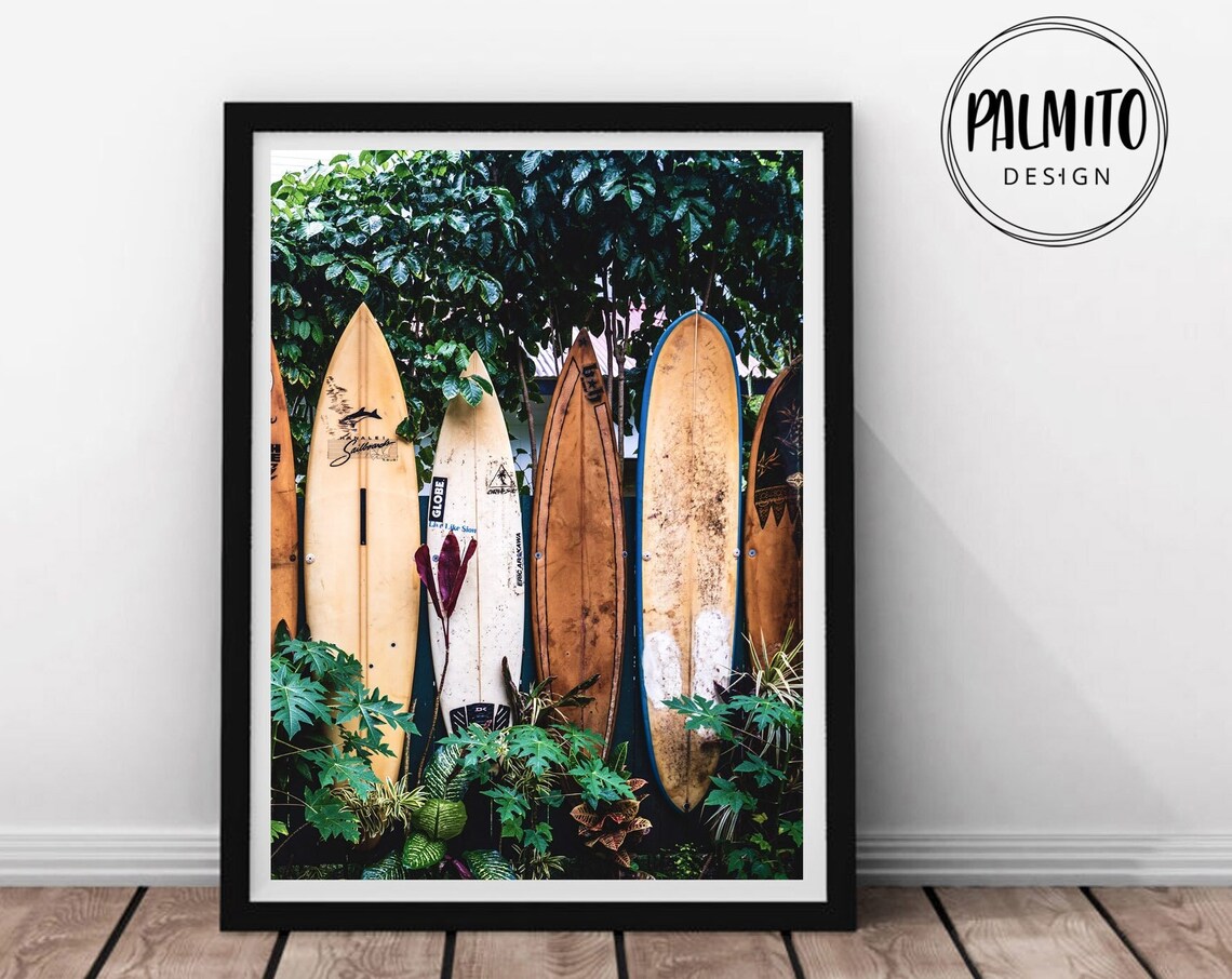 Vintage Wooden Surfboards Tropical Jungle Foliage Photography Poster