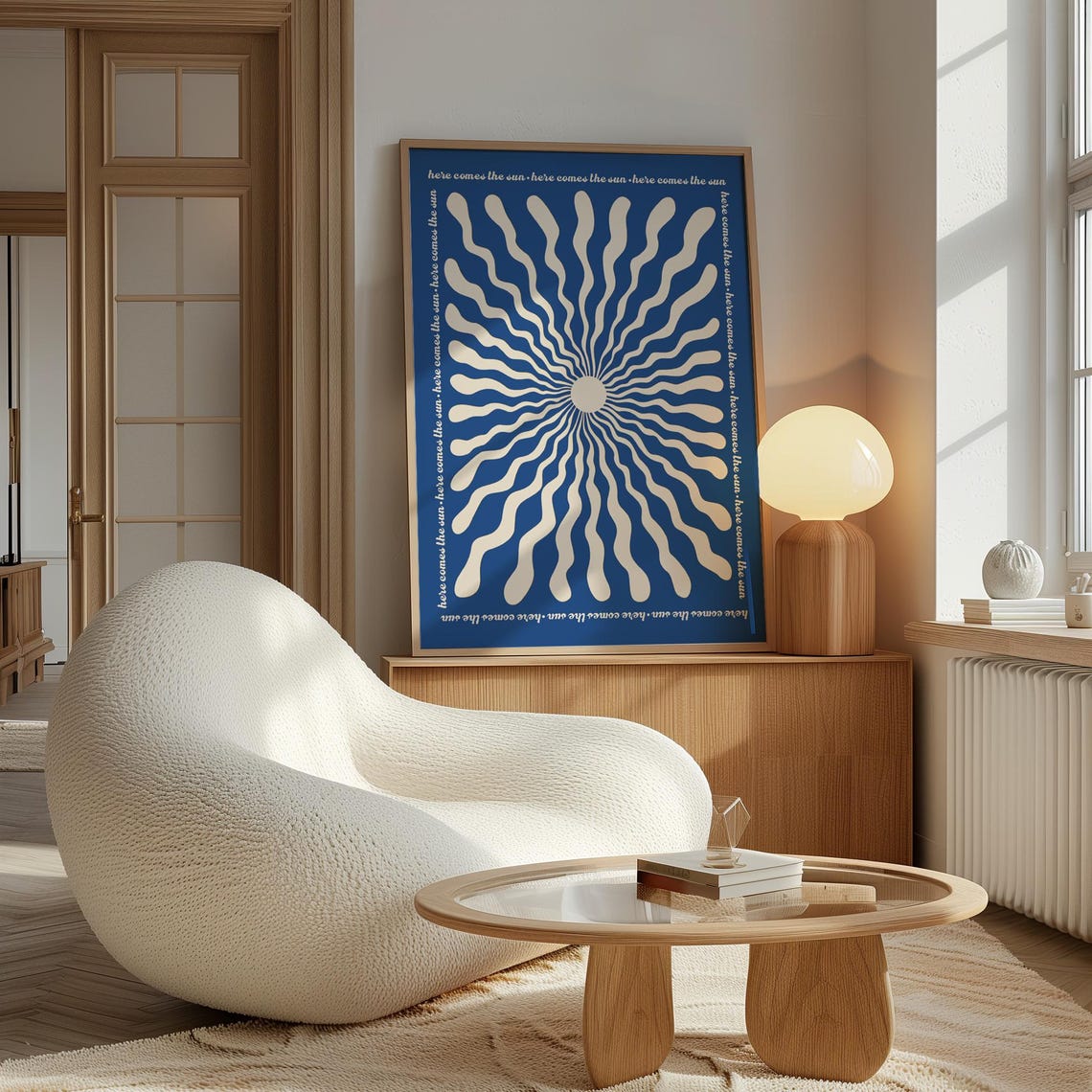 Here Comes The Sun Navy Blue Retro Sunburst Lyric Quote Poster - Image 4