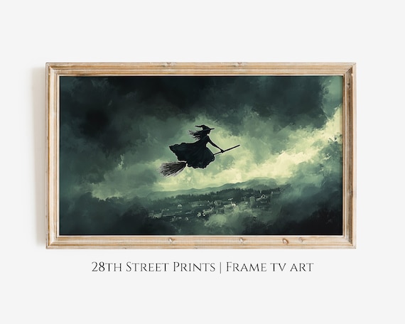 Witch Flying Broomstick Silhouette Stormy Sky Spooky Halloween Painting Poster