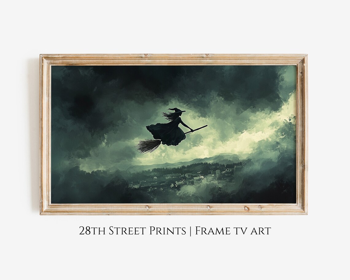 Witch Flying Broomstick Silhouette Stormy Sky Spooky Halloween Painting Poster
