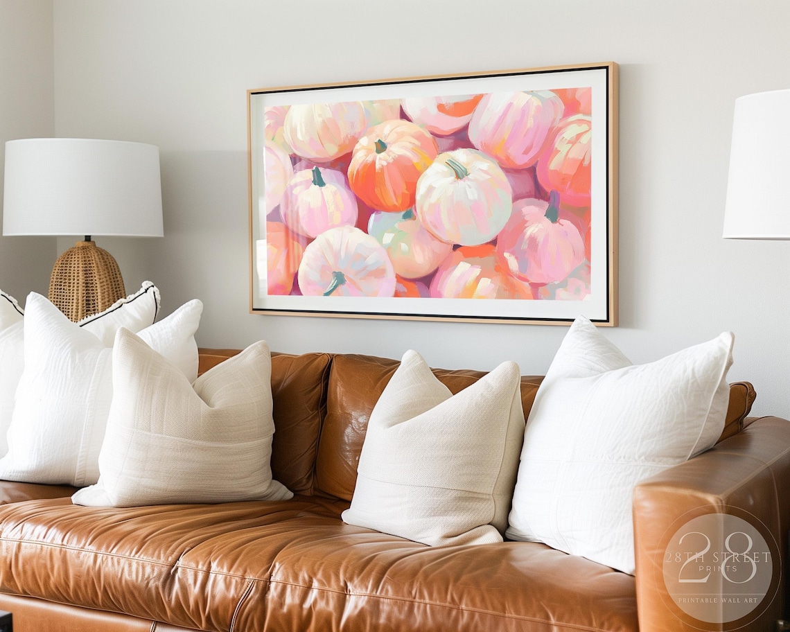 Pastel Pink Orange Pumpkins Close Up Fall Halloween Colorful Painting Poster - Image 2