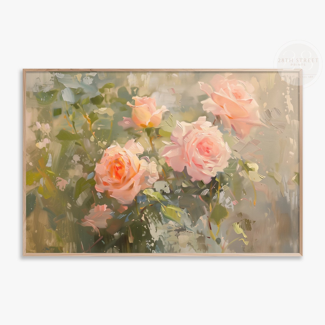 Blushing Summer Roses Oil Painting Soft Pink Rose Blooms Wall Art