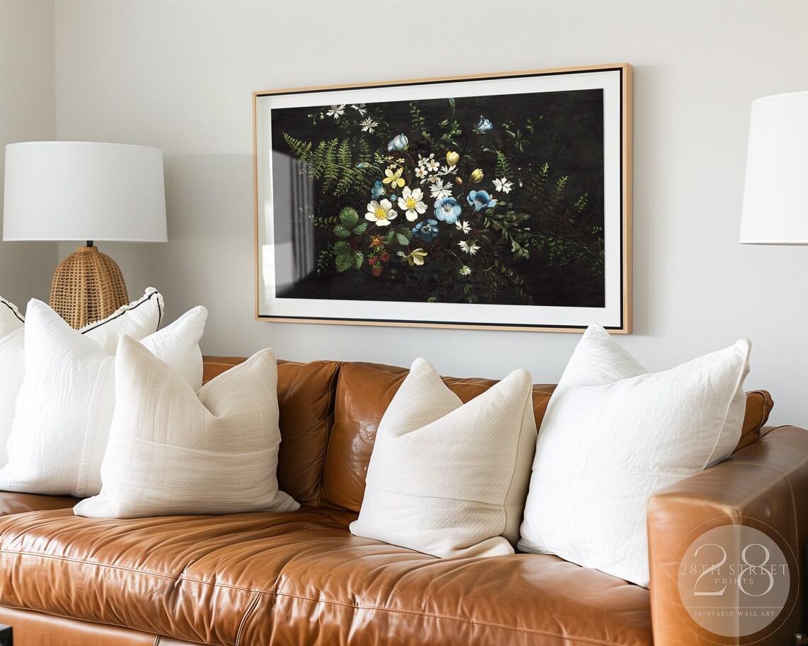 Moody Dark Floral White Blue Wildflowers Ferns Vintage Style Poster - Image 3