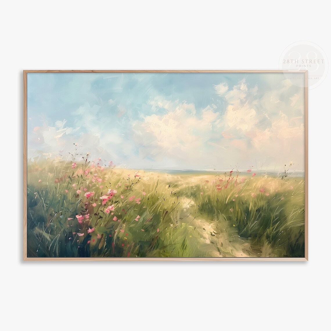 Summer Wildflower Landscape Pink Blooms Tall Grass Blue Sky Countryside Art Print