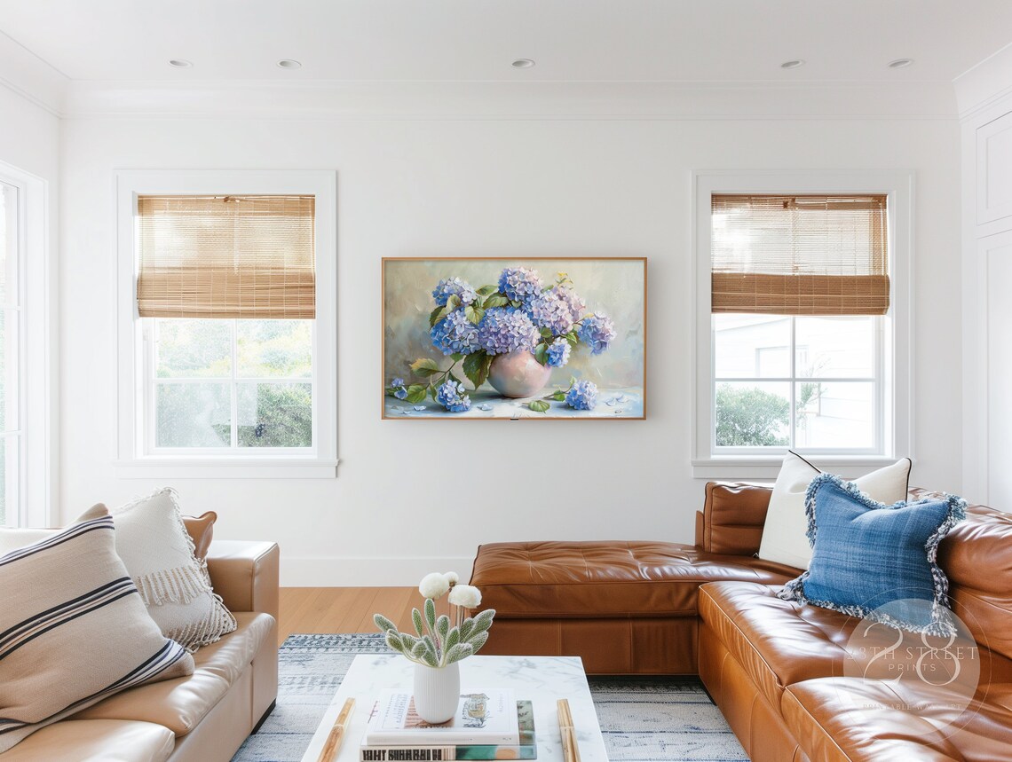 Blue Hydrangeas In Blush Vase Floral Still Life Soft Spring Painting Art Print - Image 3
