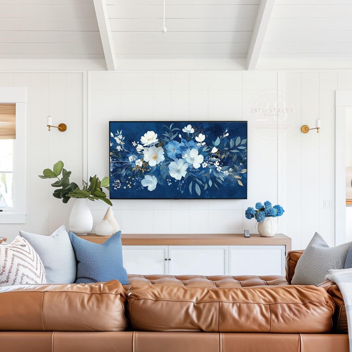 Navy Blue White Floral Garland Painting Gold Accent Botanical Poster - Image 3