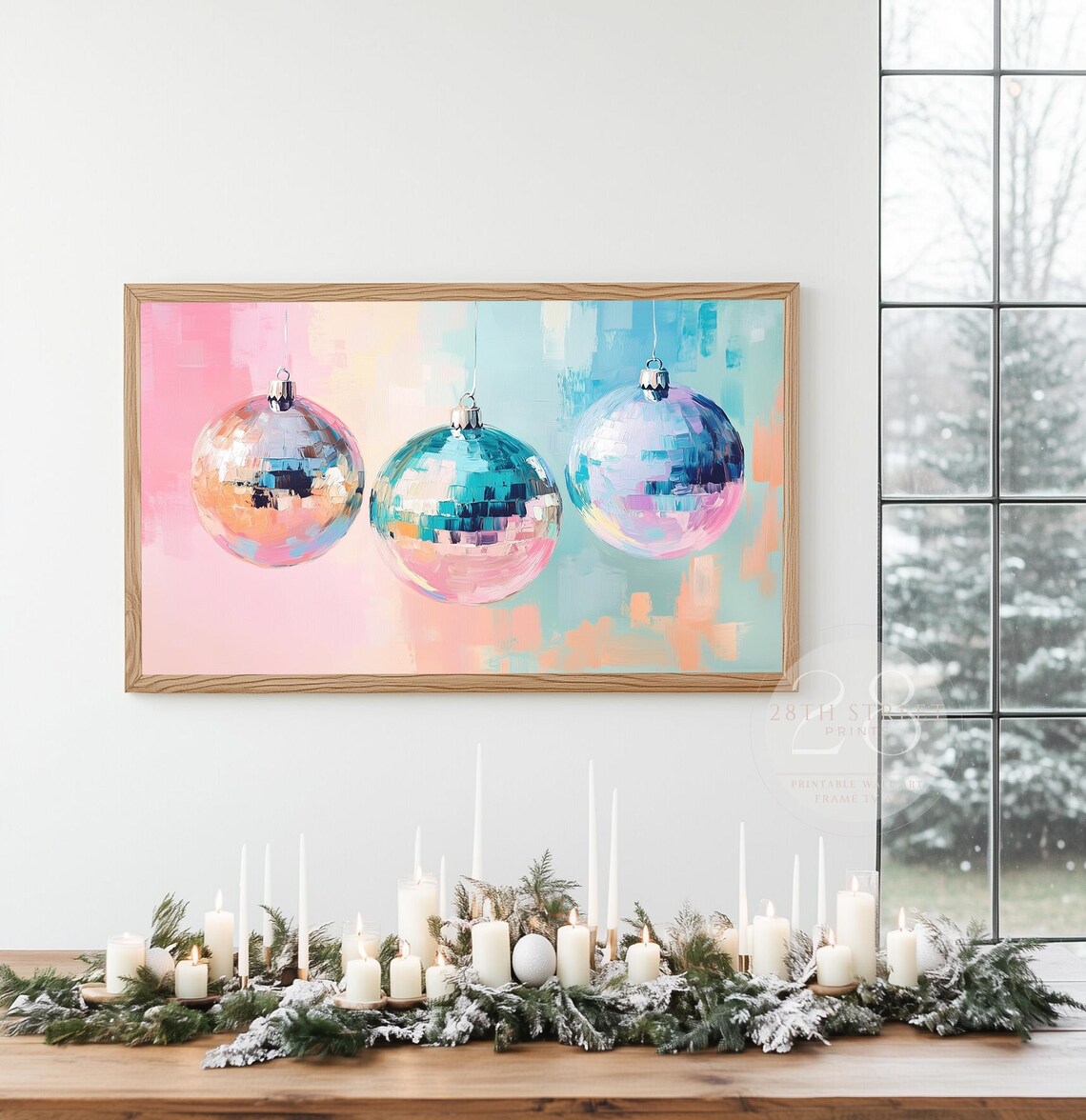 Pastel Disco Ball Christmas Ornaments Painting Trendy Holiday Poster - Image 3