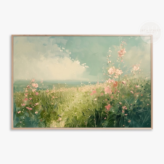 Spring Wildflower Meadow Pink Bloom Teal Sky Oil Style Wall Art