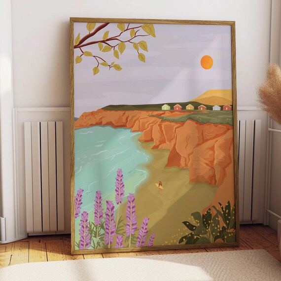 Coastal Cliffs Beach Huts Surfer Sunset Modern Illustration Poster