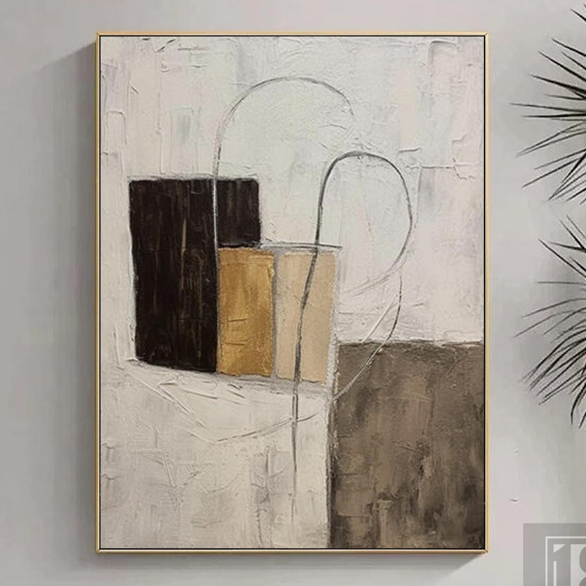 Geometric Blocks and Arched Line in Brown and Gold Abstract Poster