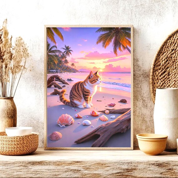 Cat Wall Art Poster Sunset Beach Print Ocean View Gift Decor Tropical Island Artwork Okinawa Seaside Illustration