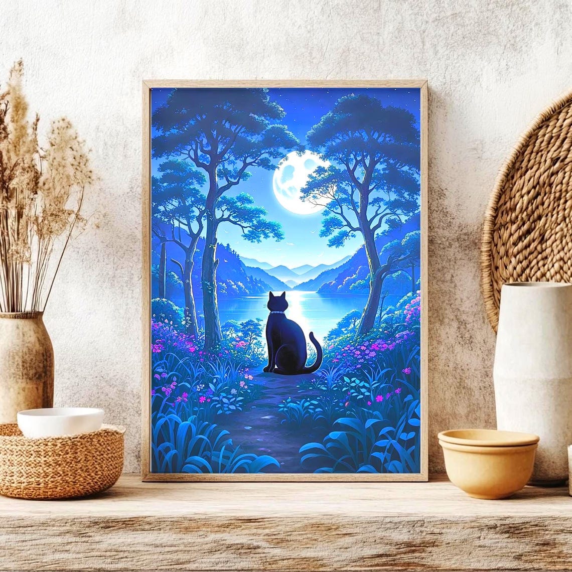 Enchanted Black Cat Silhouette In Moonlit Forest By The Lake Poster
