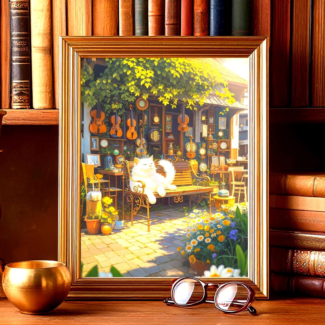 White Cat Lounging In Sunny Courtyard Of A Music Shop Poster