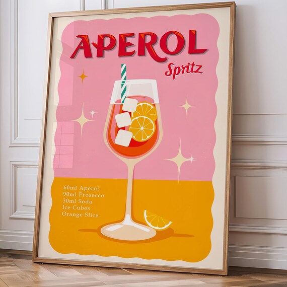 Retro Pink Aperol Spritz Cocktail Recipe Glass Illustration Bar Poster