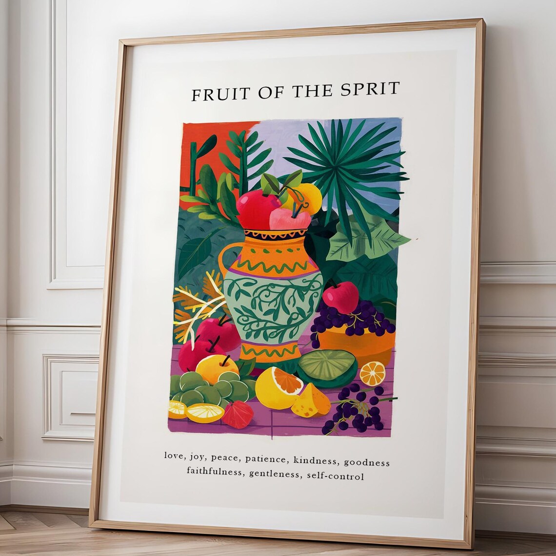 Fruit of the Spirit Overflowing Vase Vibrant Still Life Faith Poster