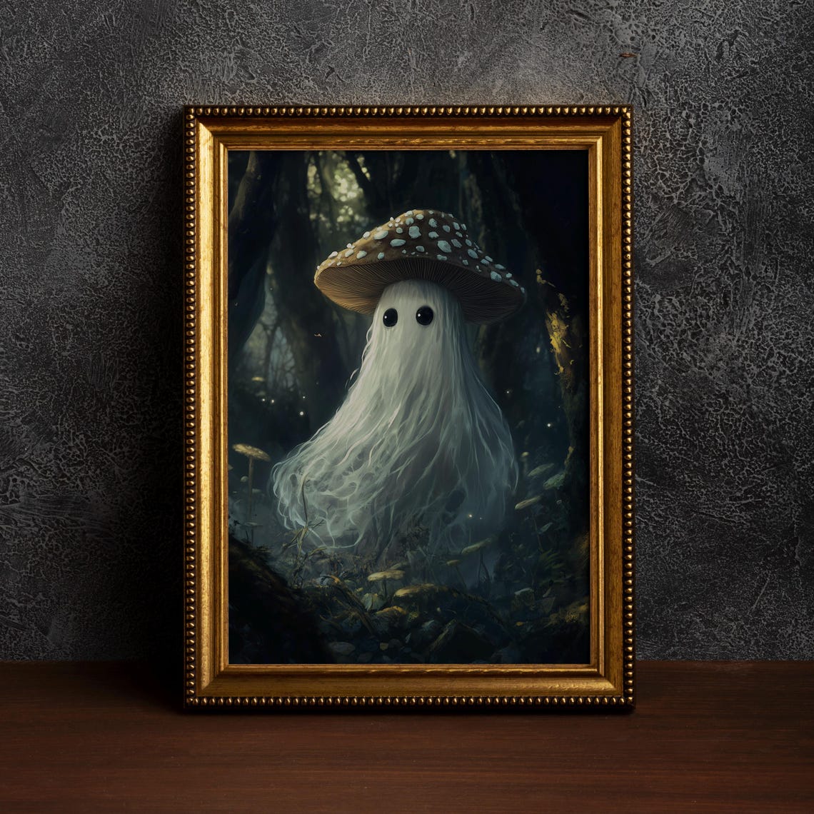 Cute Ghost Wearing a Mushroom Cap in a Dark Forest Woodland Poster