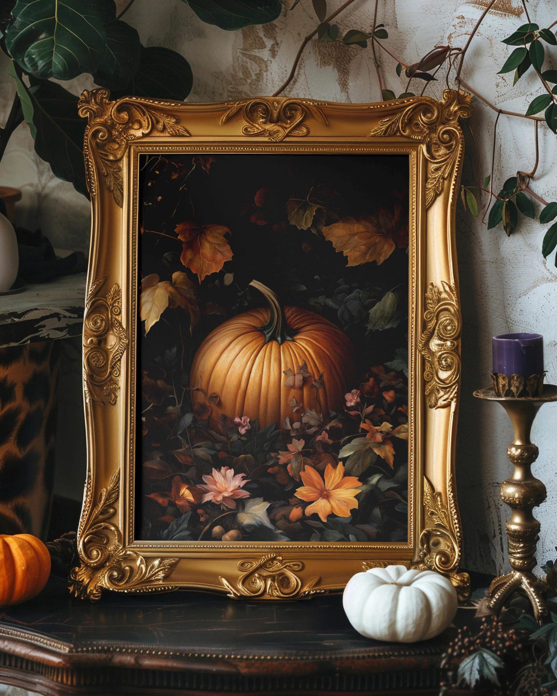 Pumpkin with Autumn Maple Leaves Dark Gothic Floral Art Poster