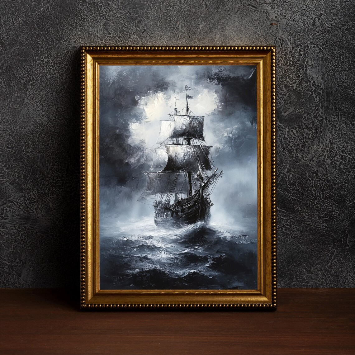 Stormy Sea Ship Oil Painting, Dark Academia Decor