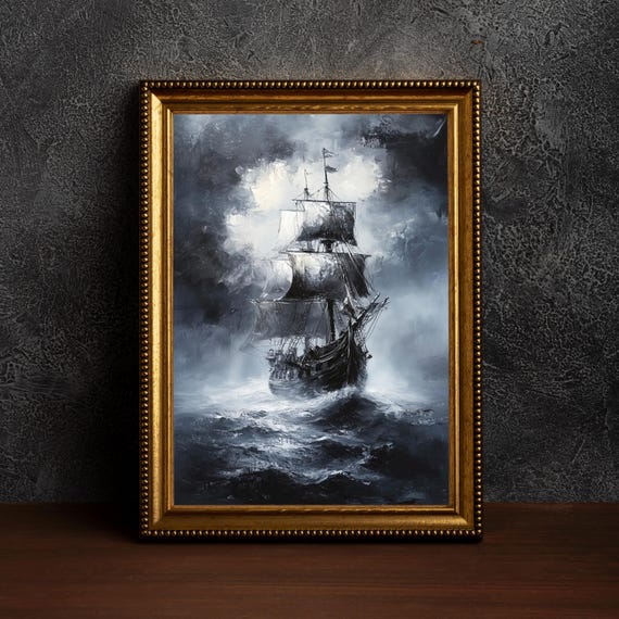 Stormy Sea Ship Oil Painting, Dark Academia Decor