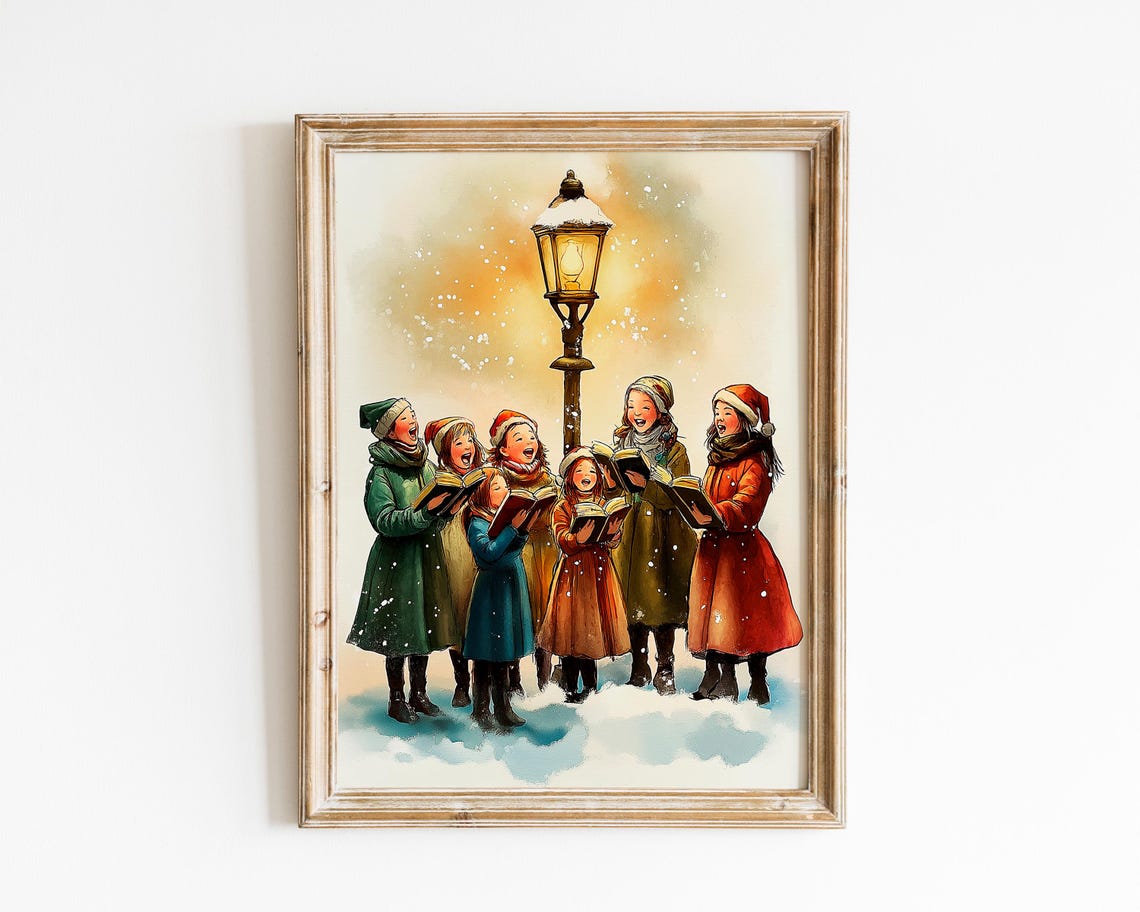 Victorian Christmas Carolers Singing Under Lamppost Art Poster