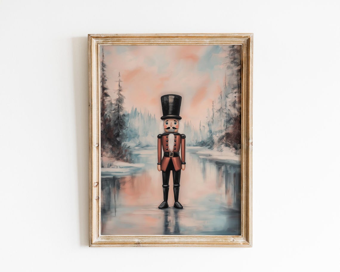 Lone Nutcracker By Snowy Forest Lake Pastel Christmas Art Poster