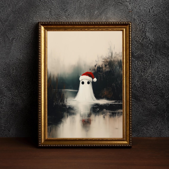 Tiny Santa Hat Ghost On Misty Lake Reflection Whimsical Holiday Poster