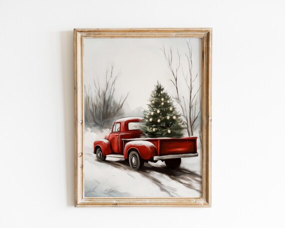 Red Vintage Pickup Truck Christmas Tree Snowy Holiday Poster