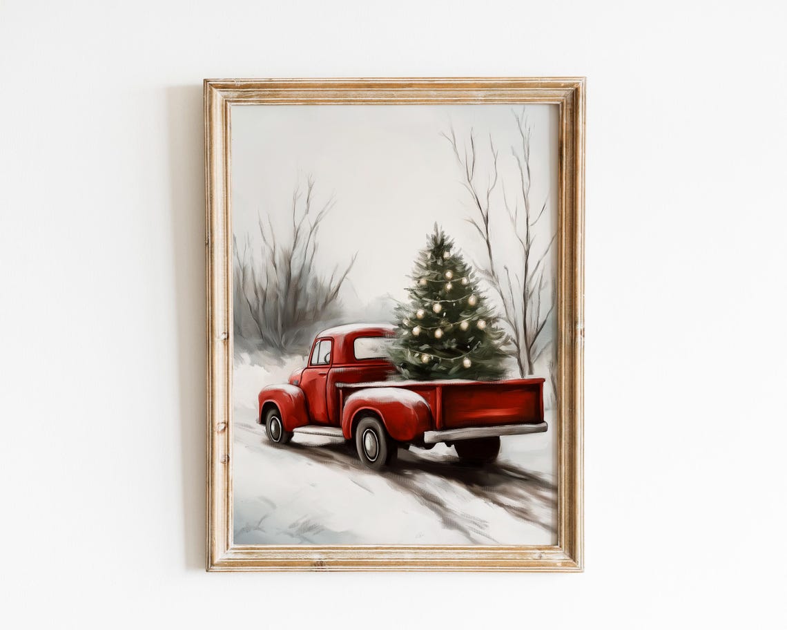 Red Vintage Pickup Truck Christmas Tree Snowy Holiday Poster