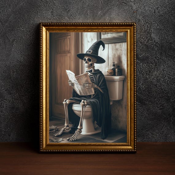 Skeleton On Toilet Halloween Decor Bathroommoody Bathroom Wall Artdark Print Funny Skull Printshalloween Decorfunny