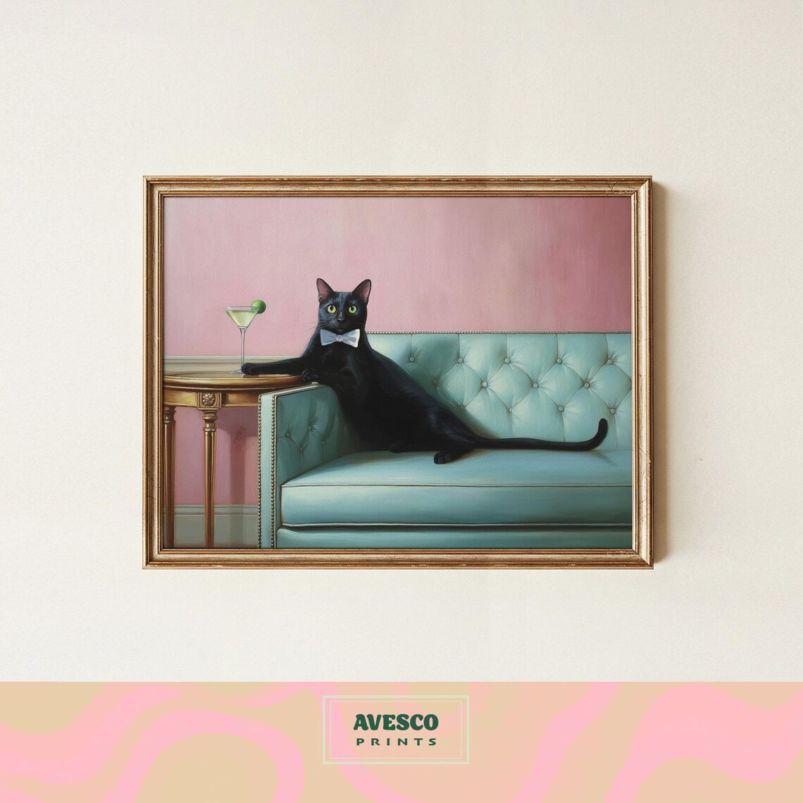 Black Cat With Bow Tie, Bar Cart Decor Art Print