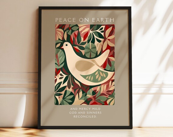 Peace on Earth White Dove Christmas Foliage Scripture Poster